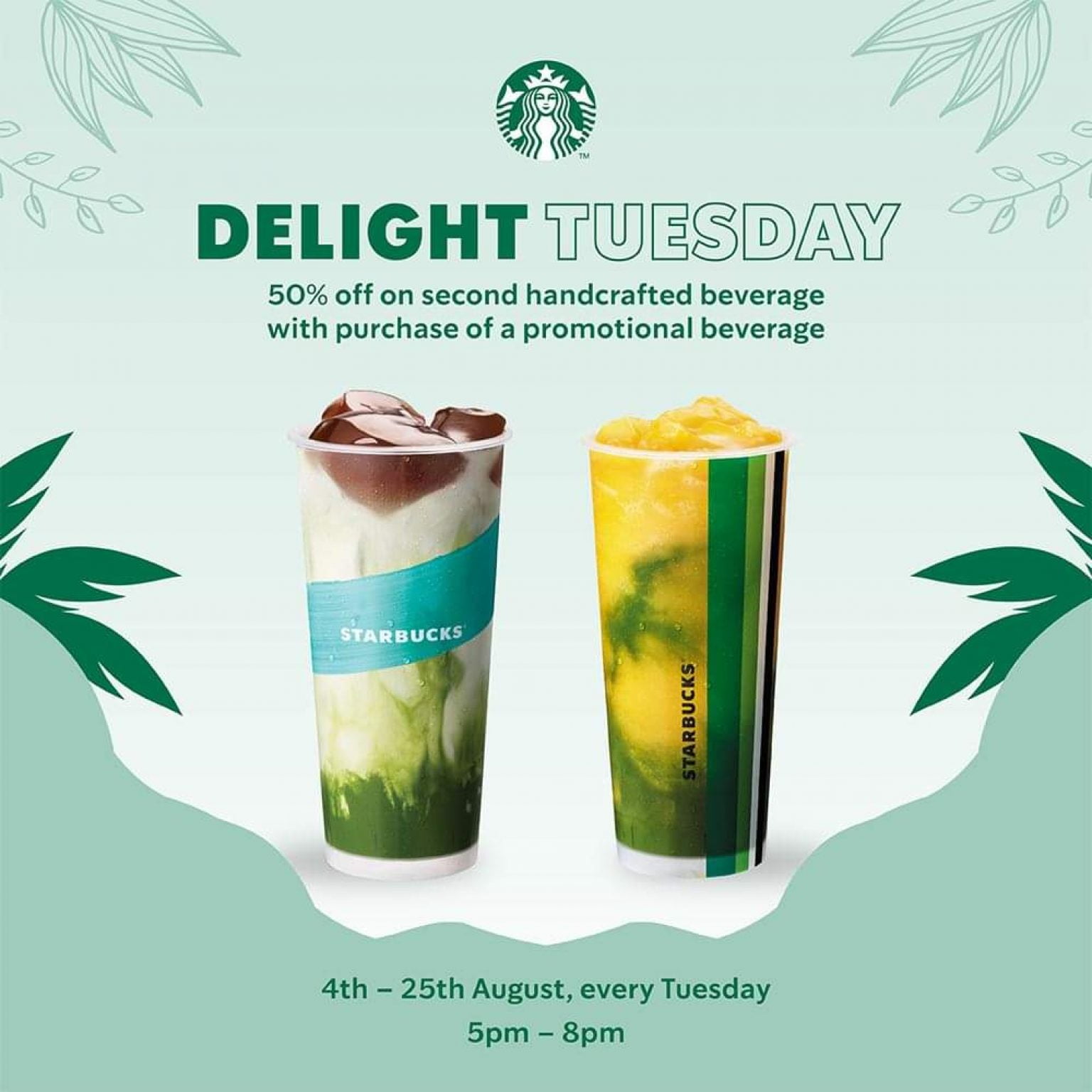 Starbucks 50 off on your SECOND handcrafted beverage August Promotion