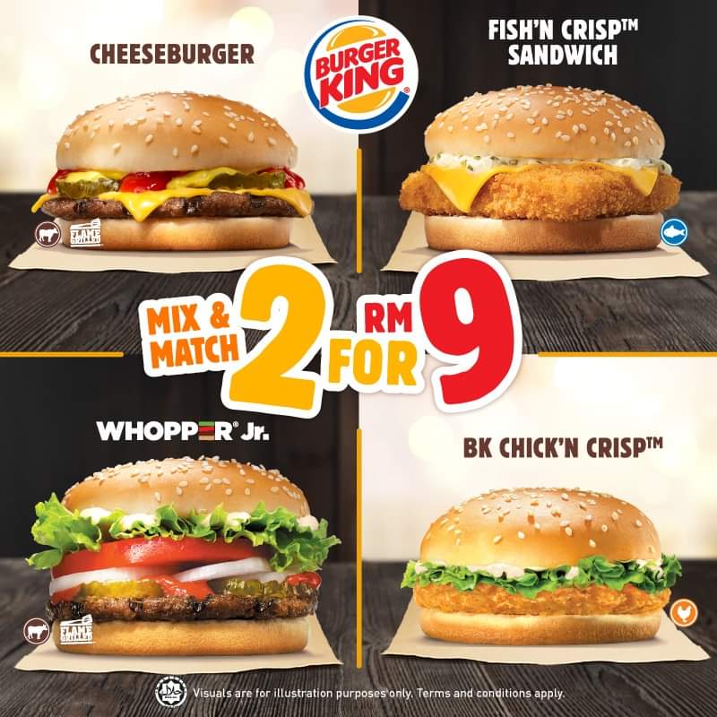 Burger King Mix & Match Any 2 Classic Burgers For Only Rm 9 