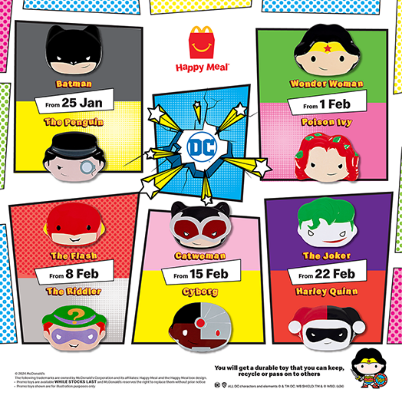 McDonald's Jan 2024 Happy Meal Free Justice League Superheroes and