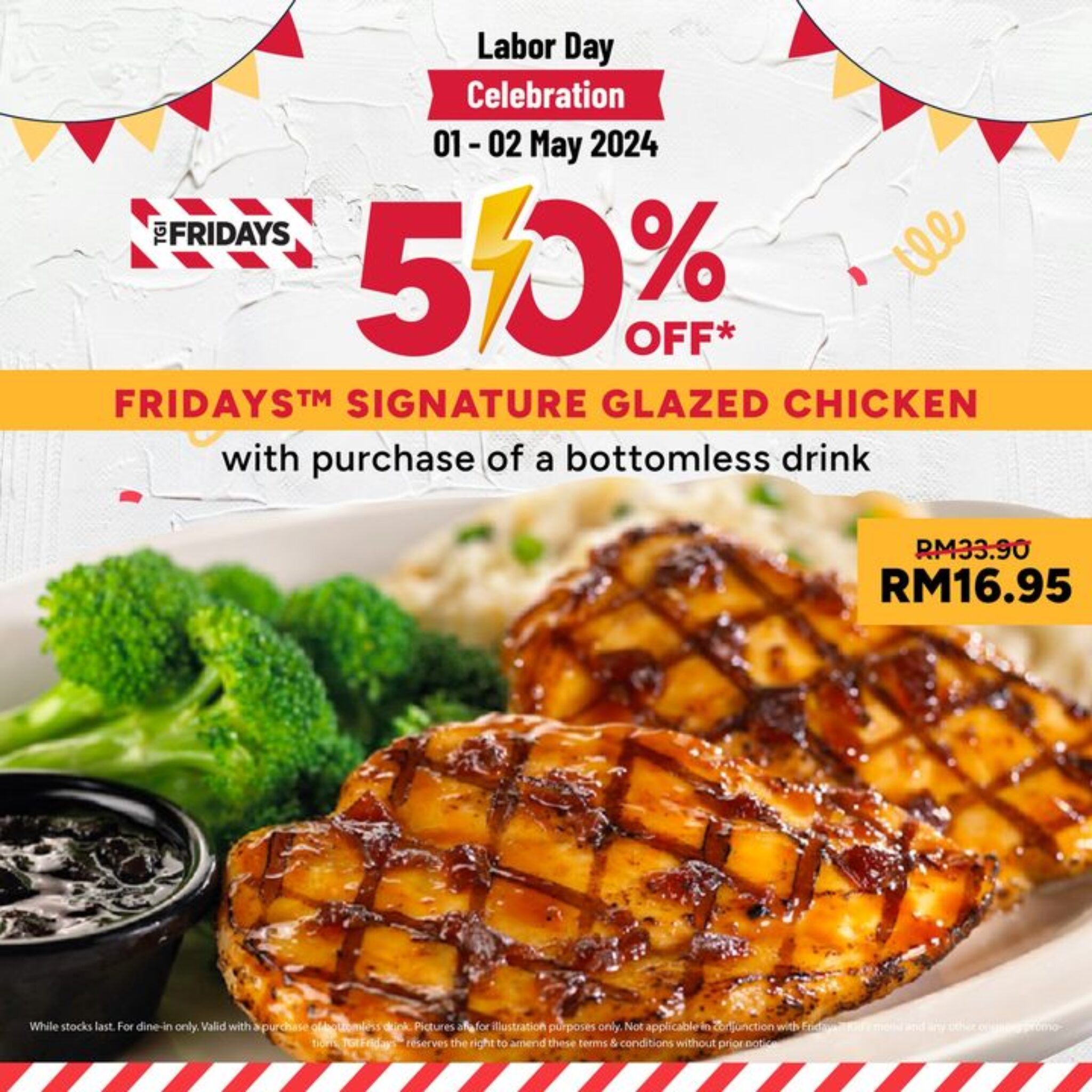 TGI Fridays Labor Day 2024 Promo - Indulge in a 50% Off Feast on 1-2 May!