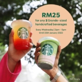 Starbucks 2 Grande-sized handcrafted beverages for only RM25 on Every Wednesday