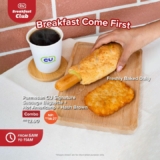 CU Breakfast Menu sausage baguette, hot coffee water and hashbrown for only RM12.90