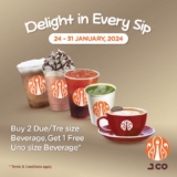 J.CO Donuts & Coffee Free complimentary Uno size beverage on Jan 2024