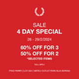4 DAY SPECIAL SALE. UP TO 60% OFF at Fred Perry Mitsui Outlet Park