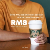 Starbucks Drive-Thru or R&R stores offer Grande-sized freshly brewed coffee or Tea at only RM8 Promo on 12 – 13 August 2023