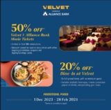 50% Off Velvet Movie Tickets & 20% off for Dine-In at Velvet Cinemas